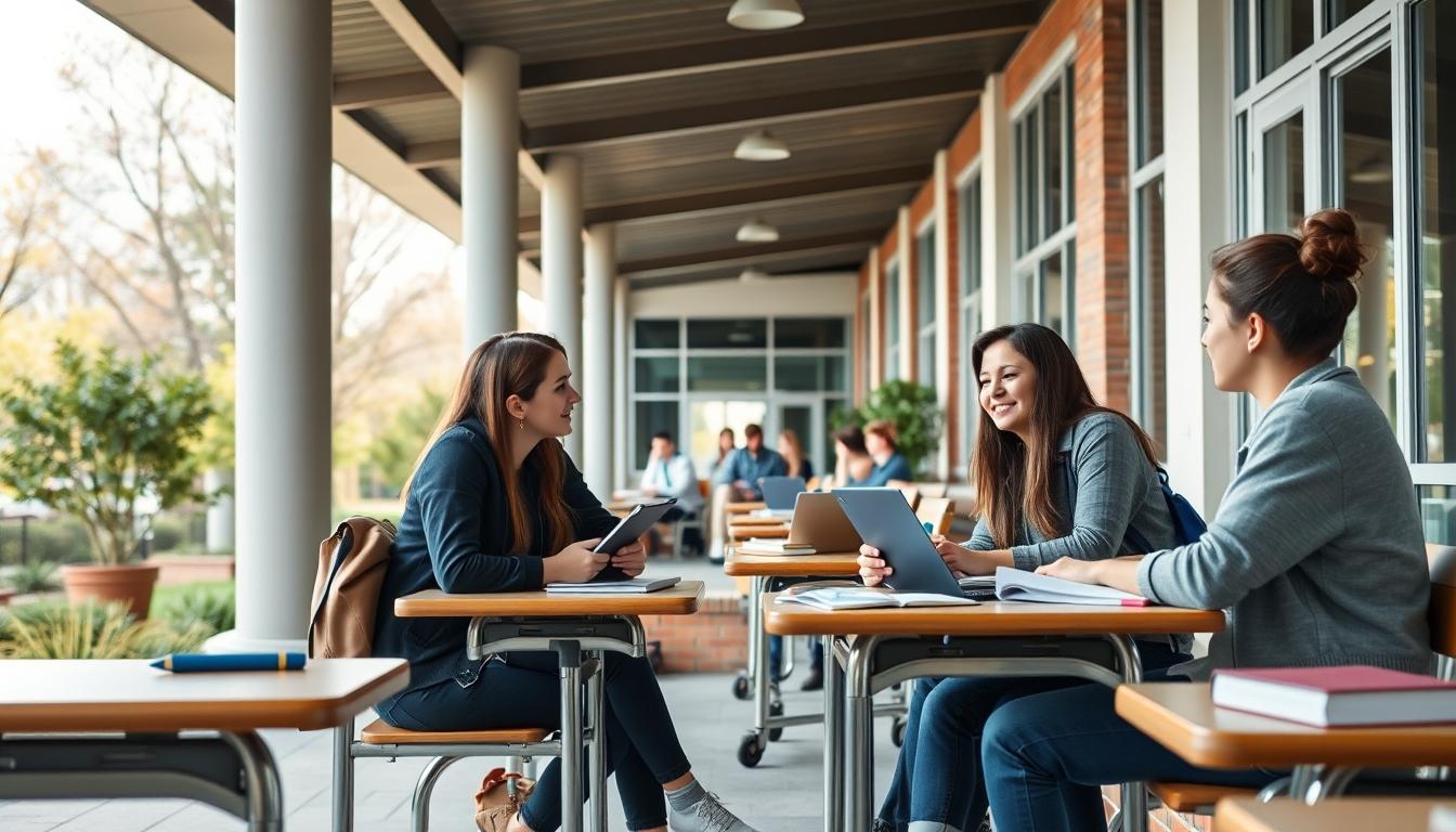 Students studying together in modern classroom